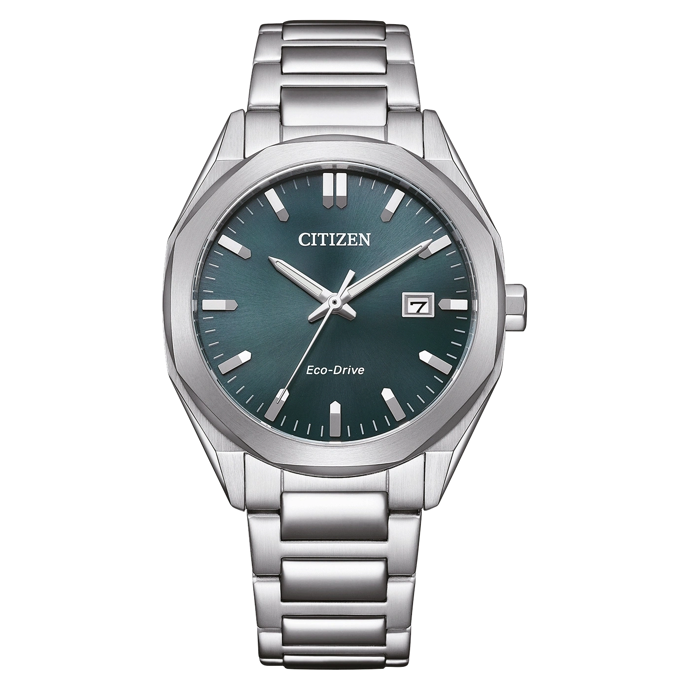 Citizen-Uhr mit grünem Zifferblatt und silbernem Armband, Eco-Drive.