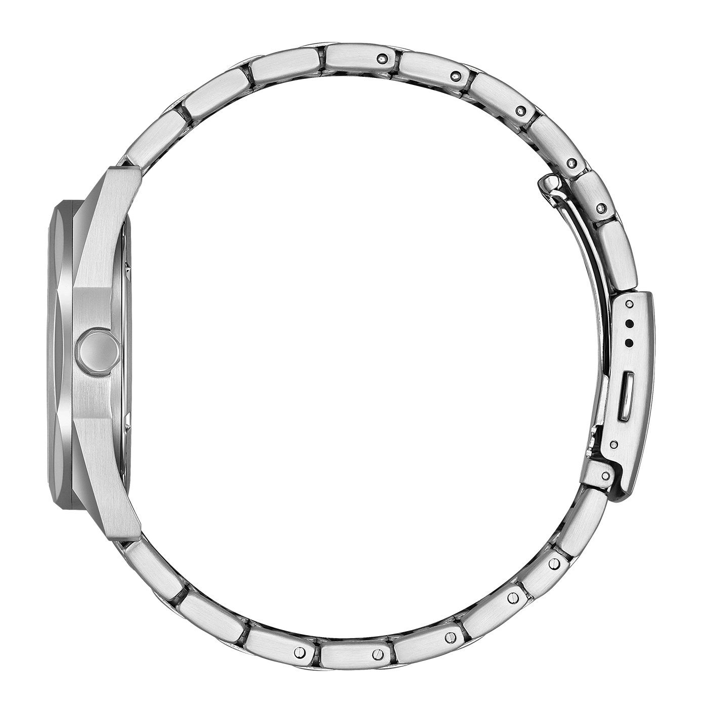Seitenansicht einer silbernen Uhr mit Metallarmband.