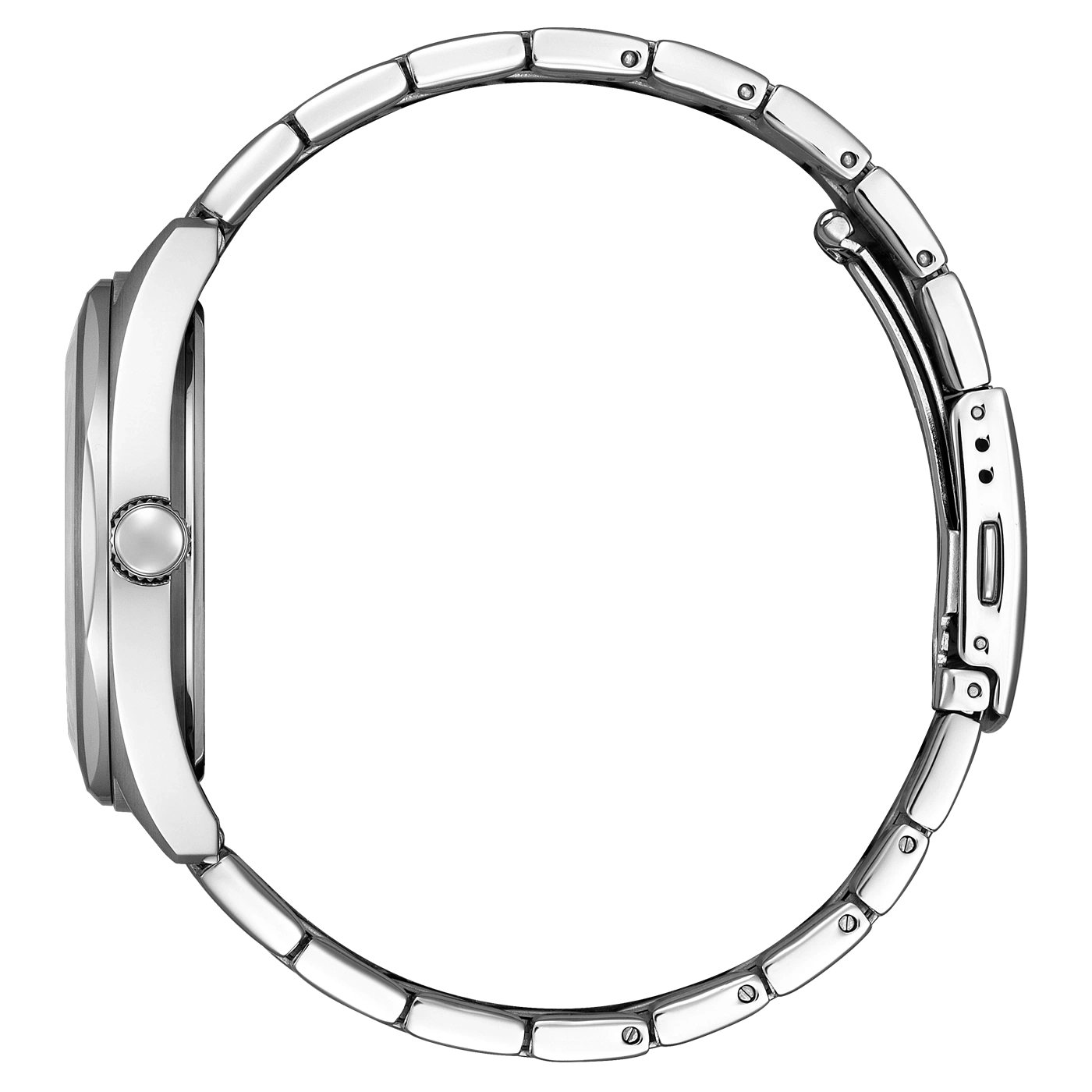 Seitenansicht einer silbernen Armbanduhr mit Metallband und rundem Zifferblatt.