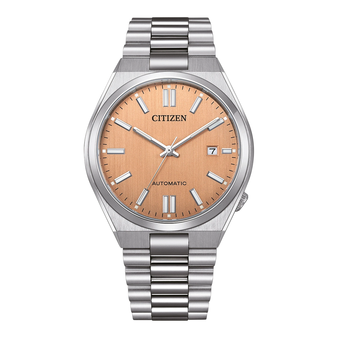 Citizen-Uhr mit lachsfarbenem Zifferblatt und Edelstahlarmband.