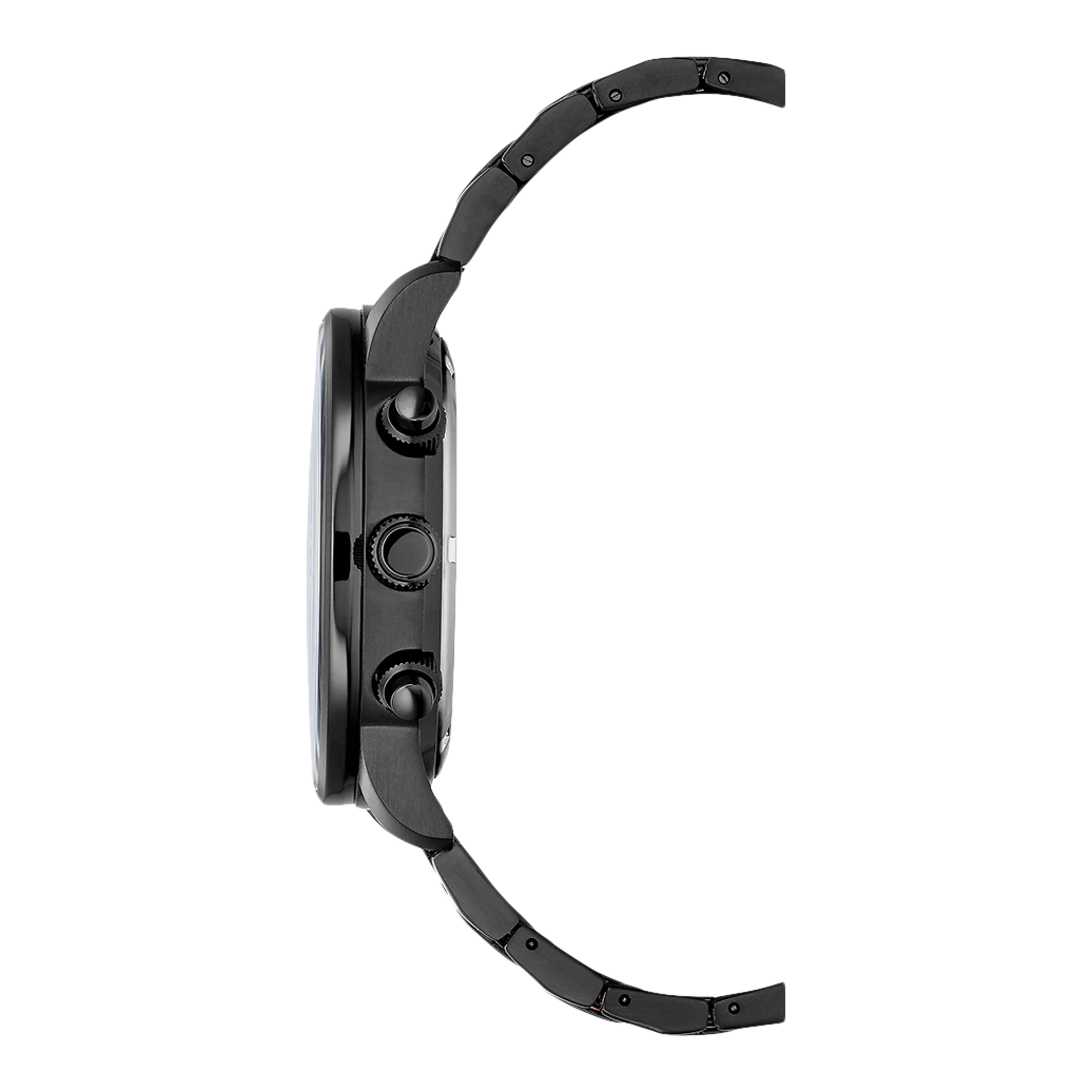 Schwarze Uhr mit schwarzem Armband, Seitenansicht, isoliert auf weißem Hintergrund.