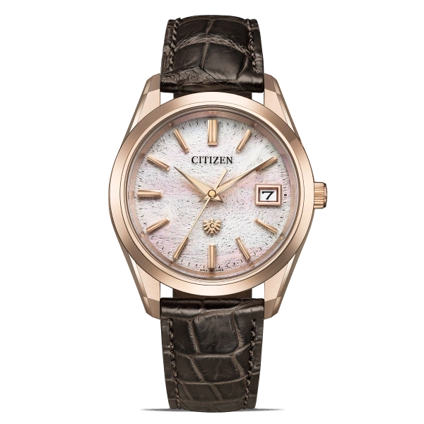 Citizen-Uhr mit roségoldenem Gehäuse und Lederarmband, elegantes Design.