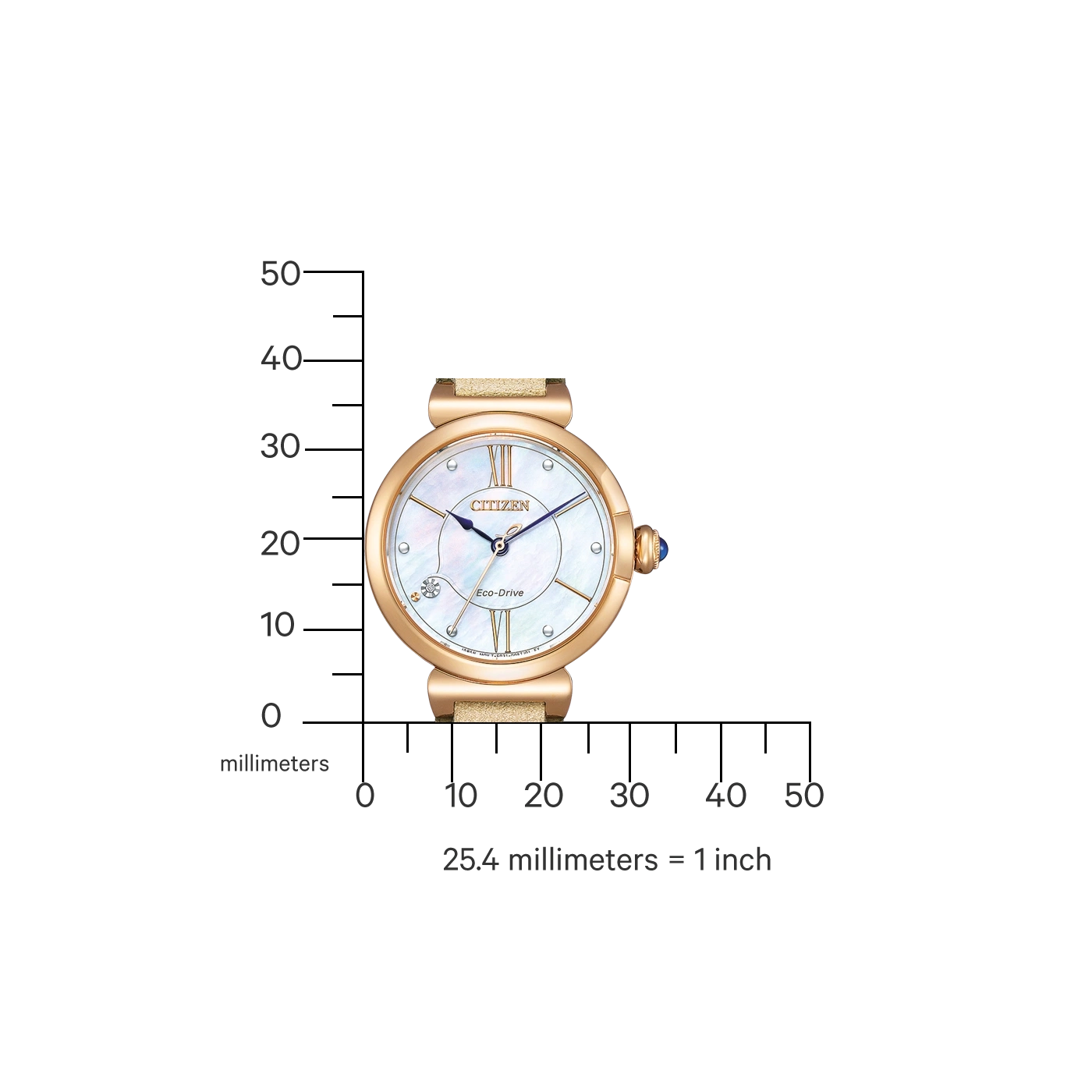Citizen-Uhr mit Millimeter- und Zollskala, Eco-Drive-Technologie, goldfarbenes Design.