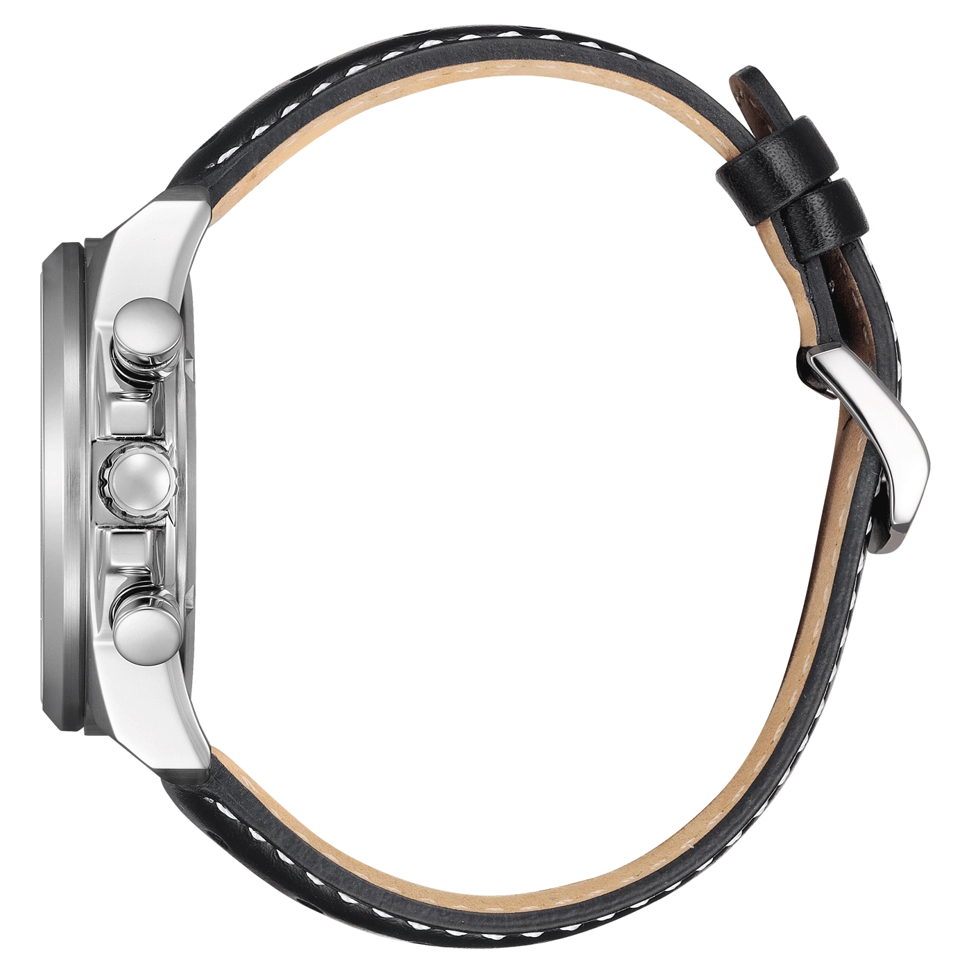 Seitenansicht einer silbernen Uhr mit schwarzem Lederarmband.