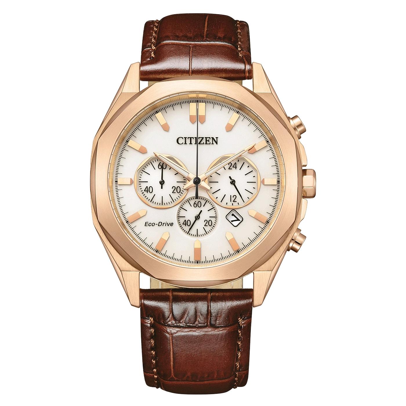 Citizen-Uhr mit weißem Zifferblatt, goldenem Gehäuse und braunem Lederarmband.