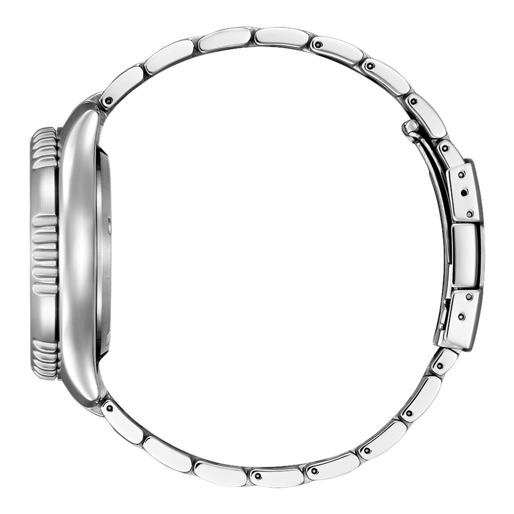 Seitenansicht einer silbernen Armbanduhr mit Metallarmband.