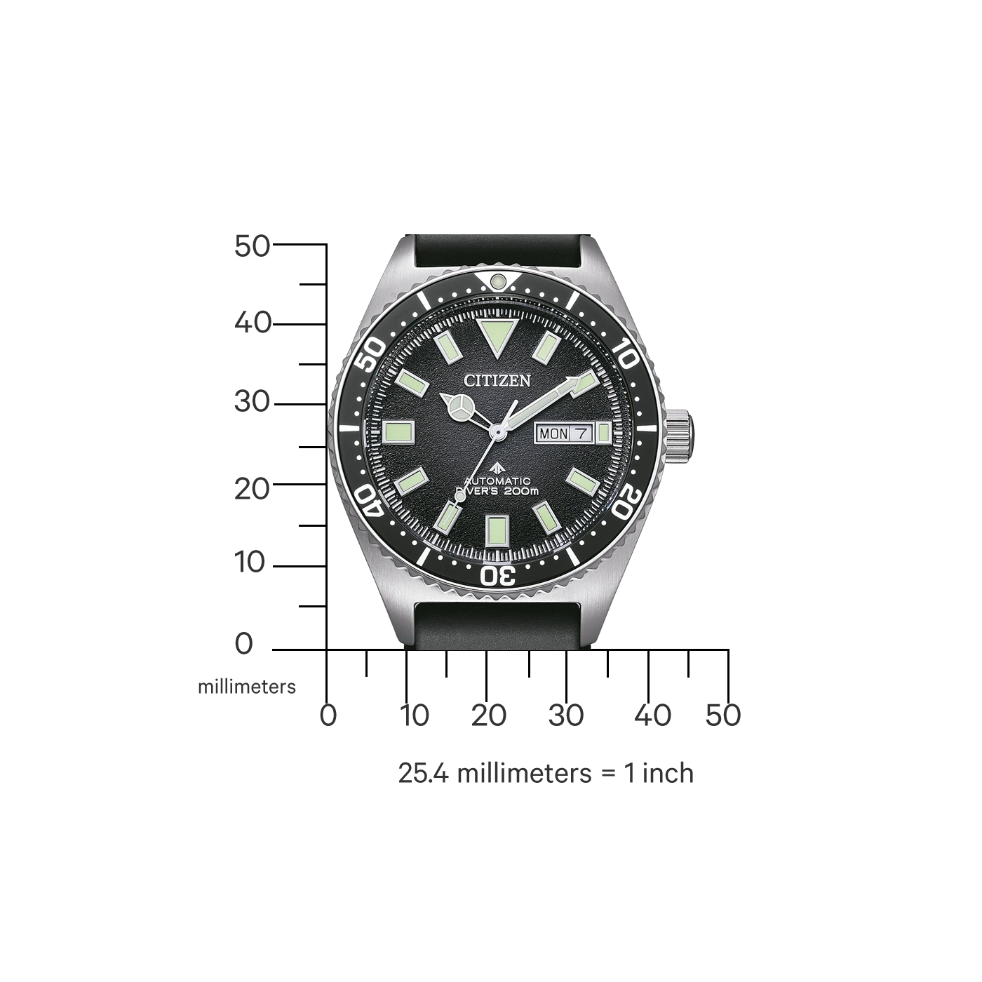 Citizen-Uhr mit schwarzem Zifferblatt, Skala und Text 'AUTOMATIC DIVER'S 200m'