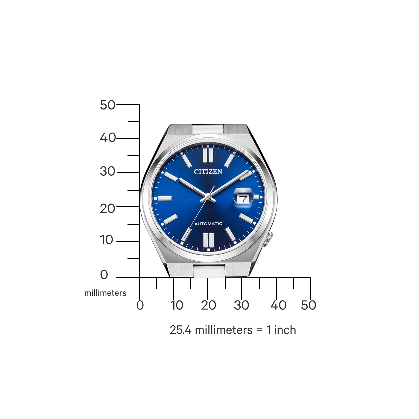 Citizen-Uhr mit blauem Zifferblatt, Automatik und Maßstab in Millimetern.