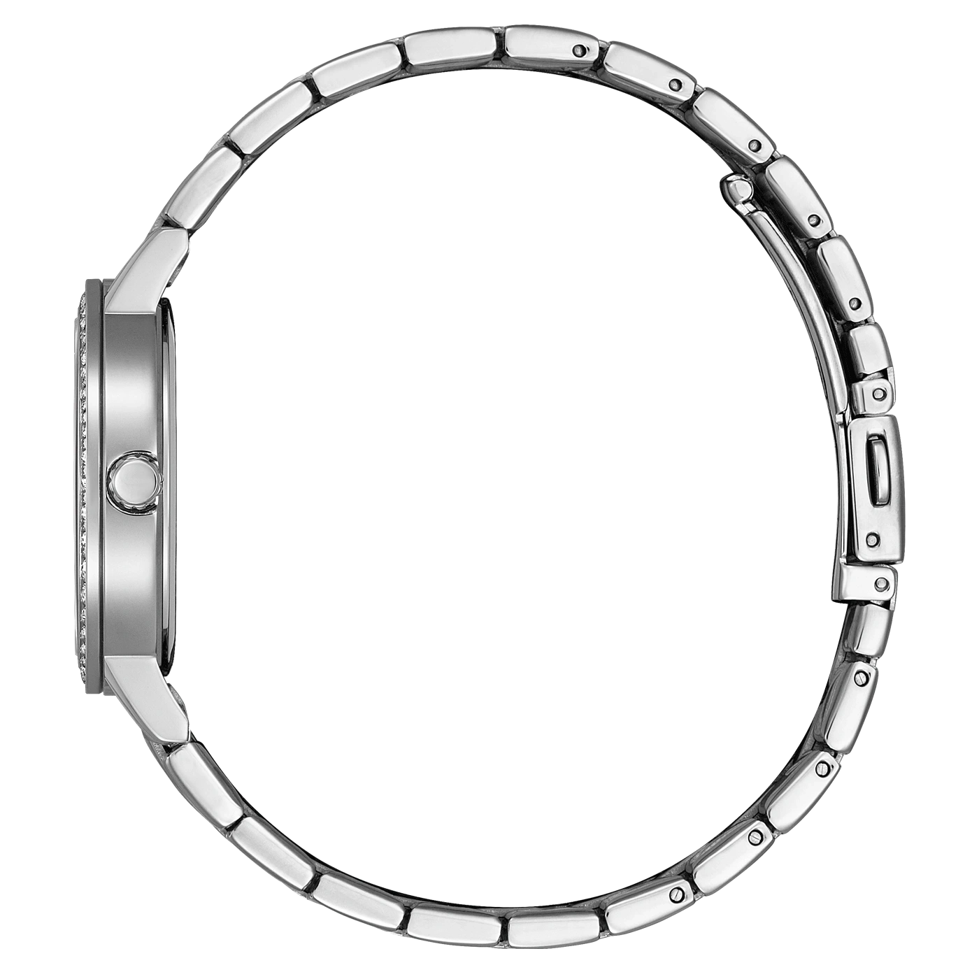 Silberne Uhr mit rundem Zifferblatt und Metallarmband, Seitenansicht.