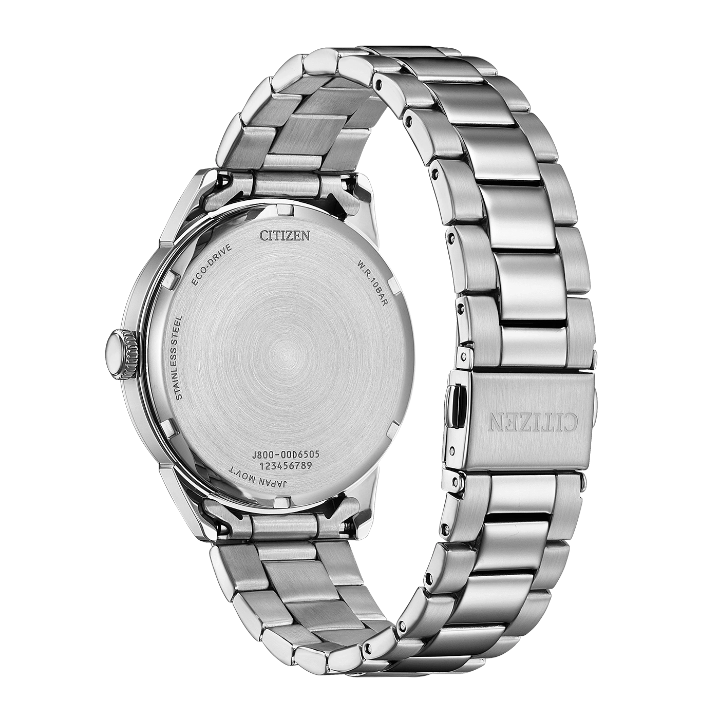 Rückseite einer Citizen Eco-Drive-Uhr aus Edelstahl mit Modellnummer.