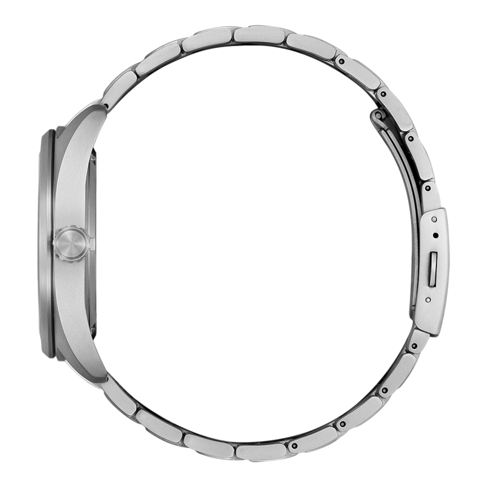 Seitenansicht einer silbernen Armbanduhr mit Metallband und rundem Zifferblatt.