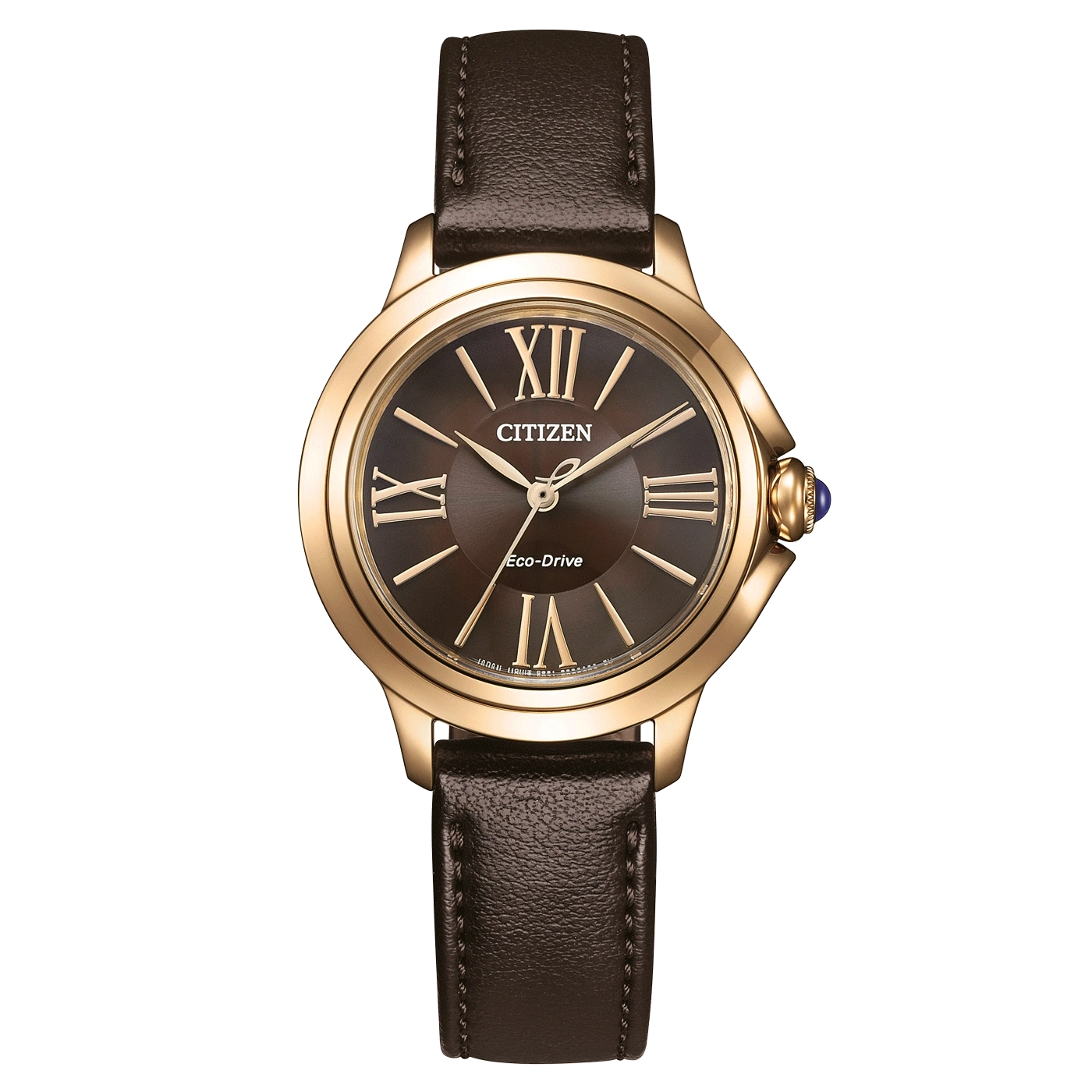 Citizen-Uhr mit braunem Lederarmband und goldenem Gehäuse, römische Ziffern