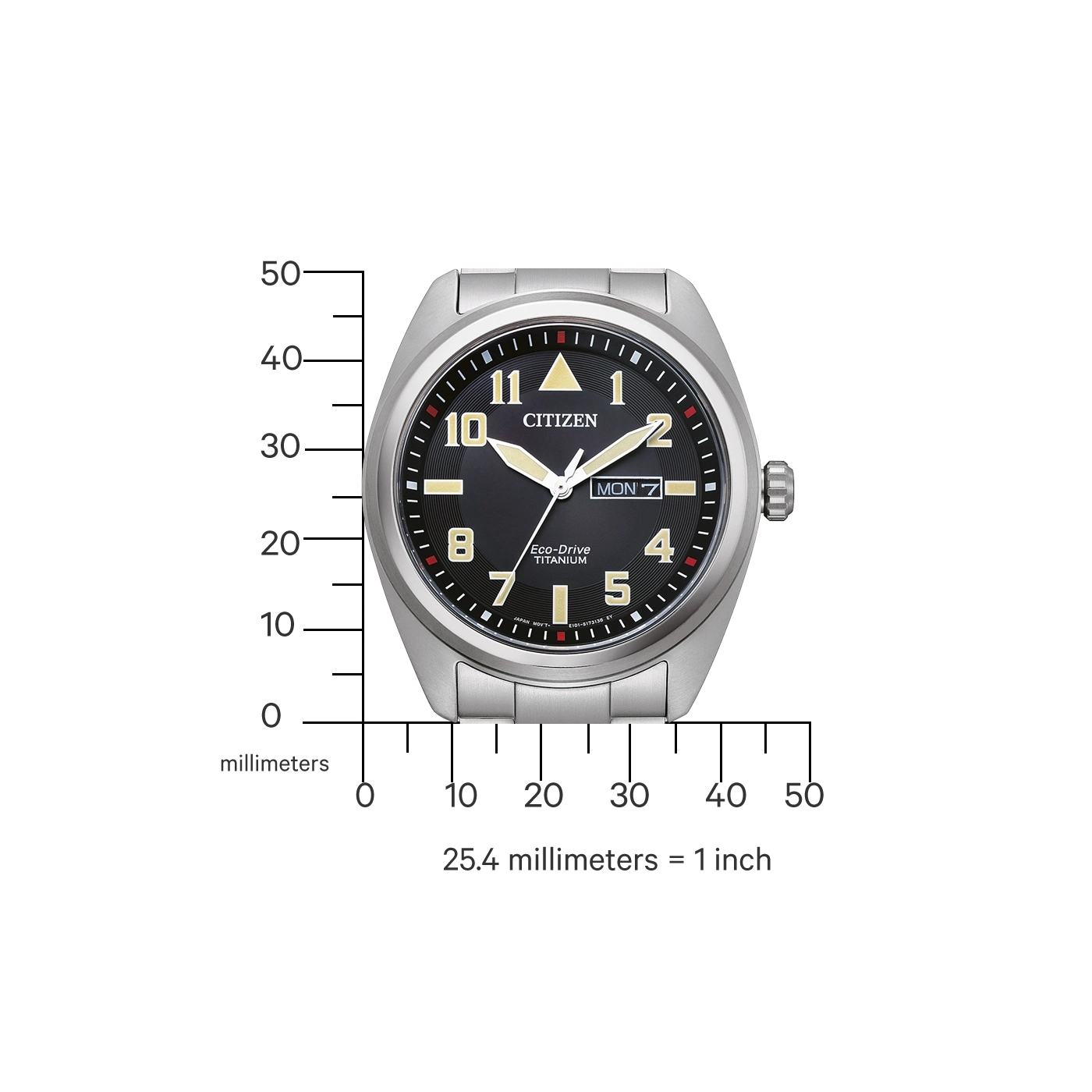 Citizen-Uhr mit schwarzem Zifferblatt, Titan, Eco-Drive und Tagesanzeige.