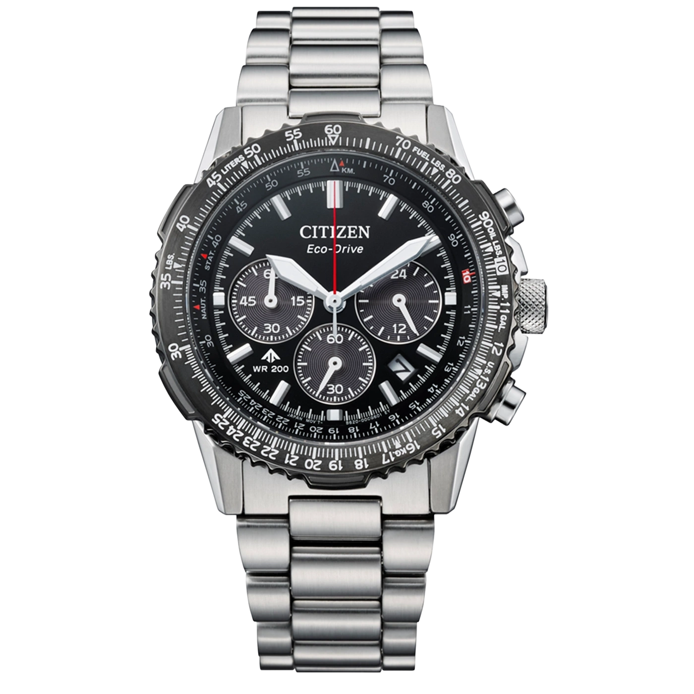 Eine Citizen Eco-Drive Uhr mit schwarzem Zifferblatt und Metallarmband.