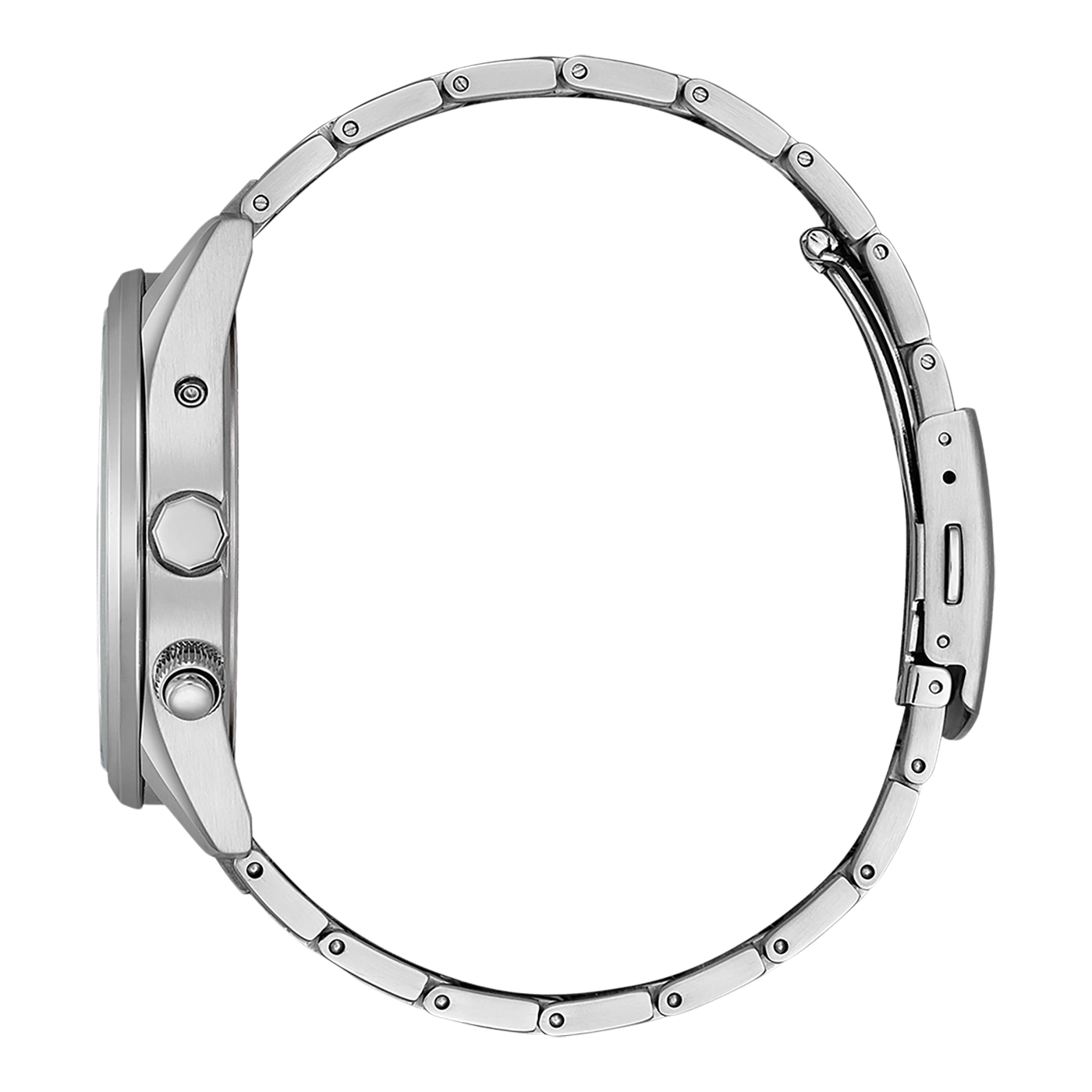 Seitenansicht einer silbernen Armbanduhr mit Metallband und rundem Zifferblatt.