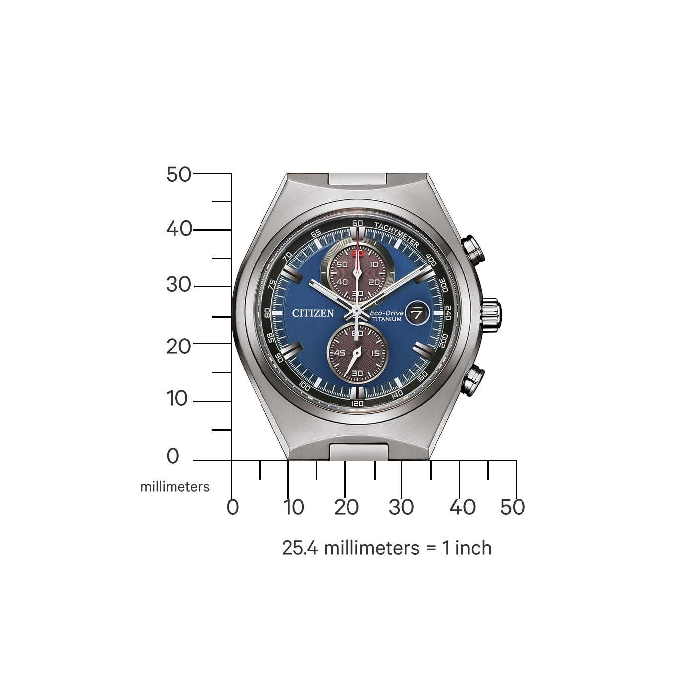 Citizen-Uhr mit blauem Zifferblatt, Tachymeter und Titan-Eco-Drive.