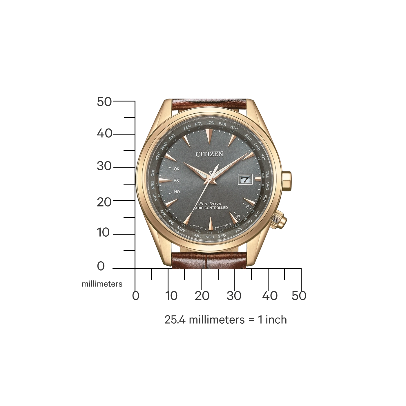 Citizen-Uhr mit goldenem Gehäuse und braunem Lederarmband, Zeitanzeige.