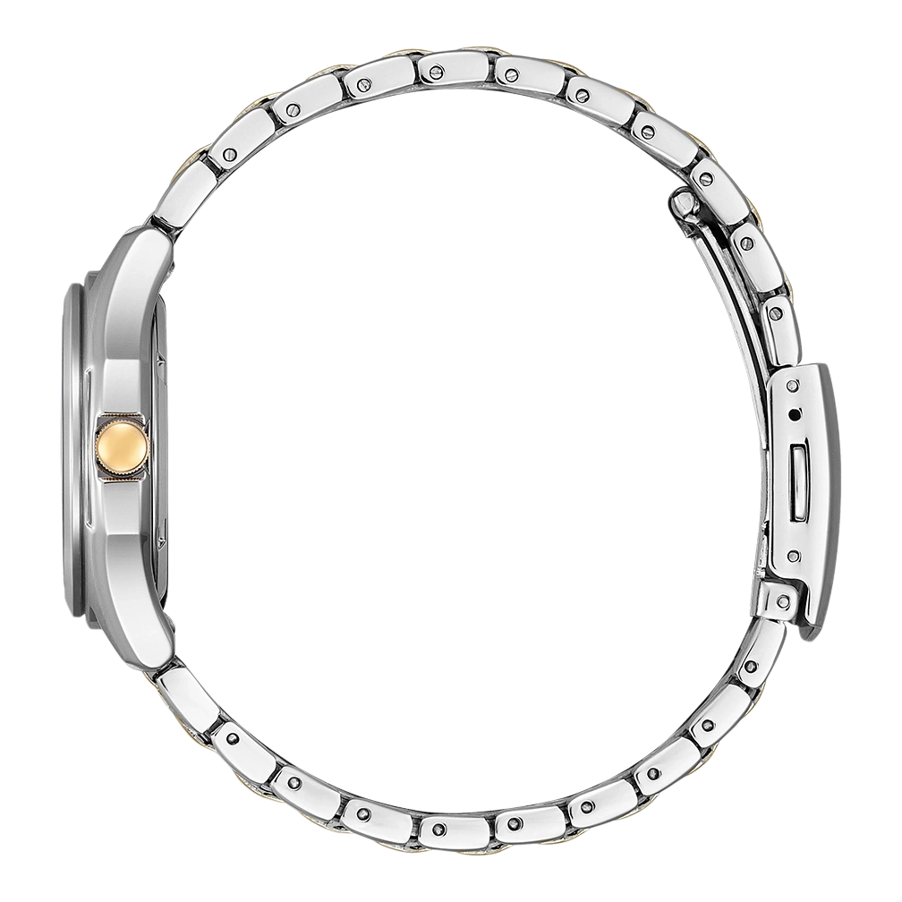 Seitenansicht einer silber-goldenen Uhr mit Metallarmband