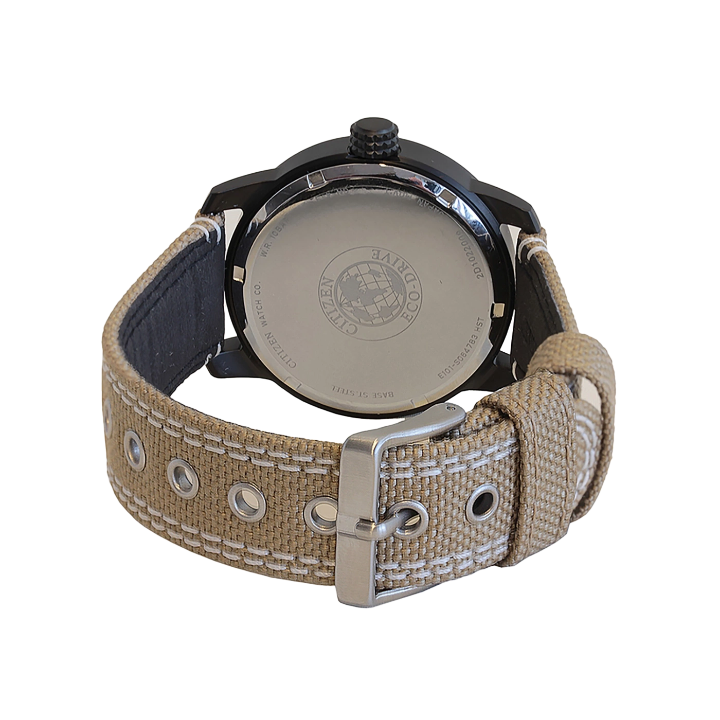 Citizen-Uhr, Rückseite mit Armband, Eco-Drive, schwarzes Gehäuse und Metallschnalle.