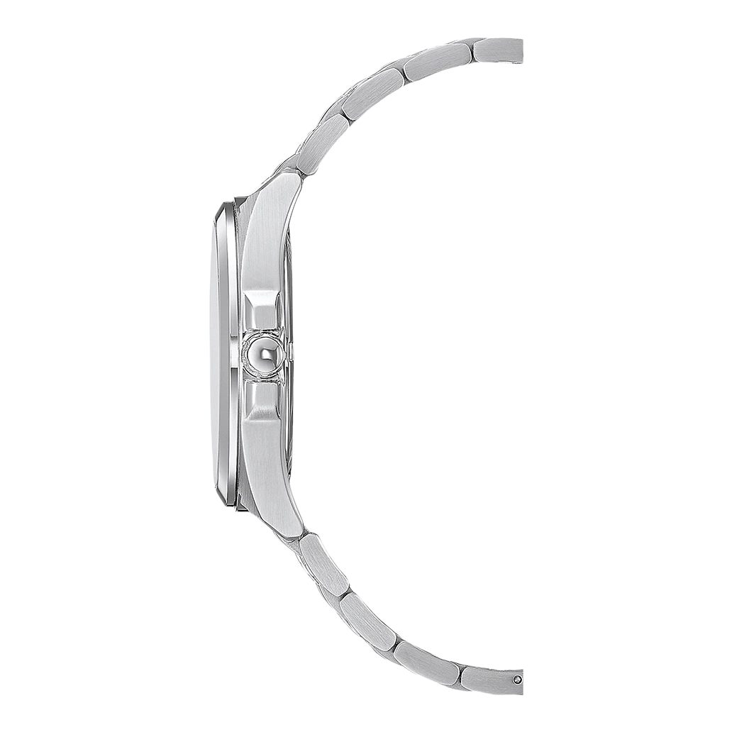 Seitenansicht einer silbernen Armbanduhr mit Metallband auf weißem Hintergrund.
