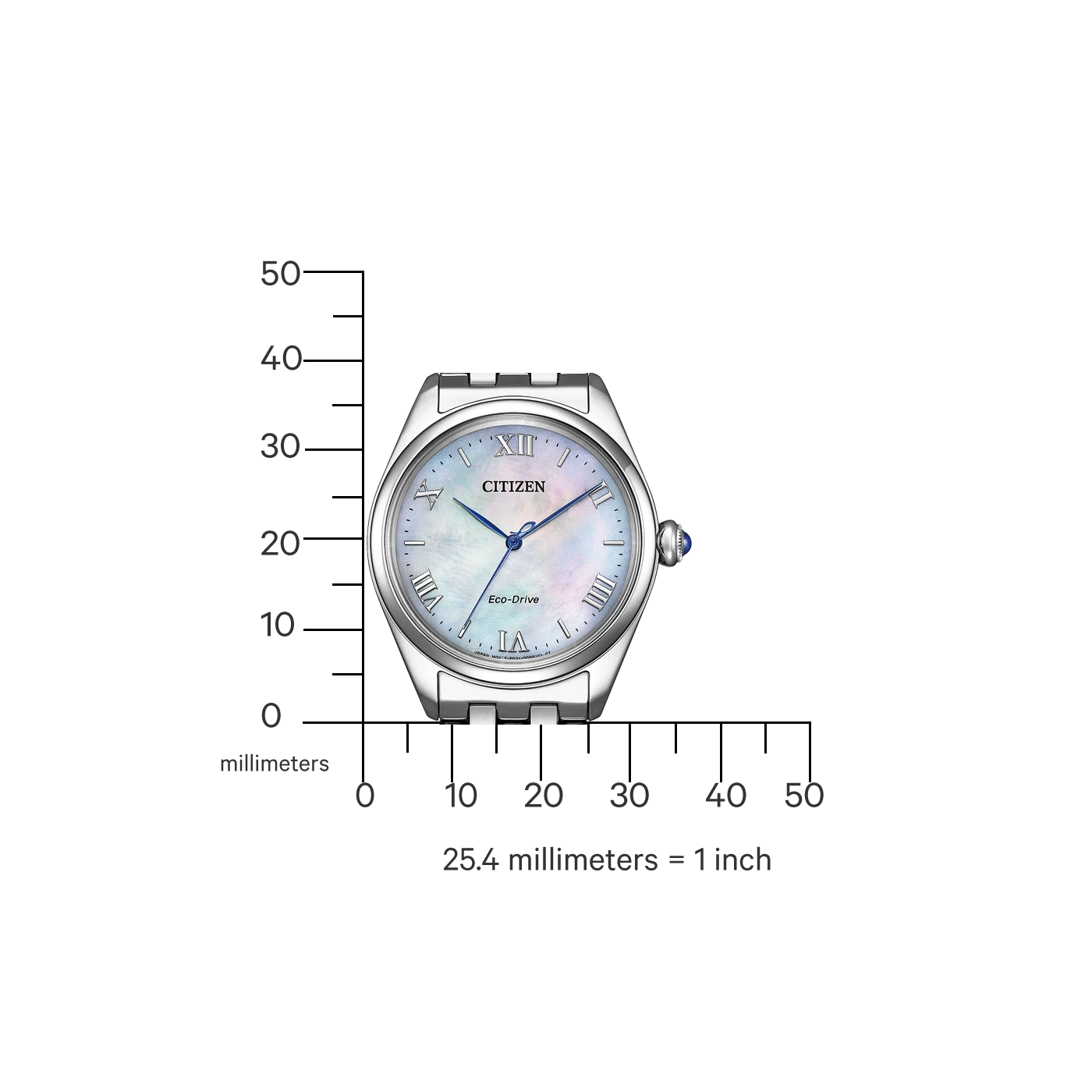 Citizen-Uhr mit Millimeterskala, die die Größe der Uhr anzeigt.