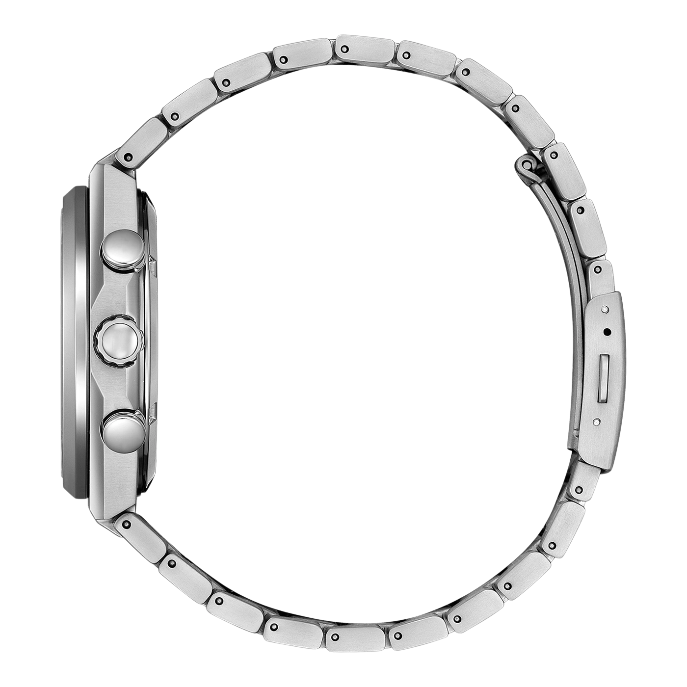 Silberne Uhr mit Metallarmband, Seitenansicht, elegantes Design, moderner Stil.