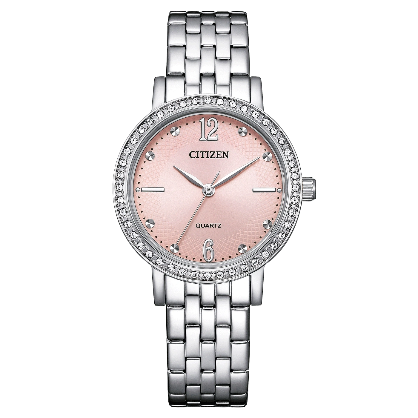 Citizen-Uhr mit rosa Zifferblatt und silbernem Armband, Quarzwerk