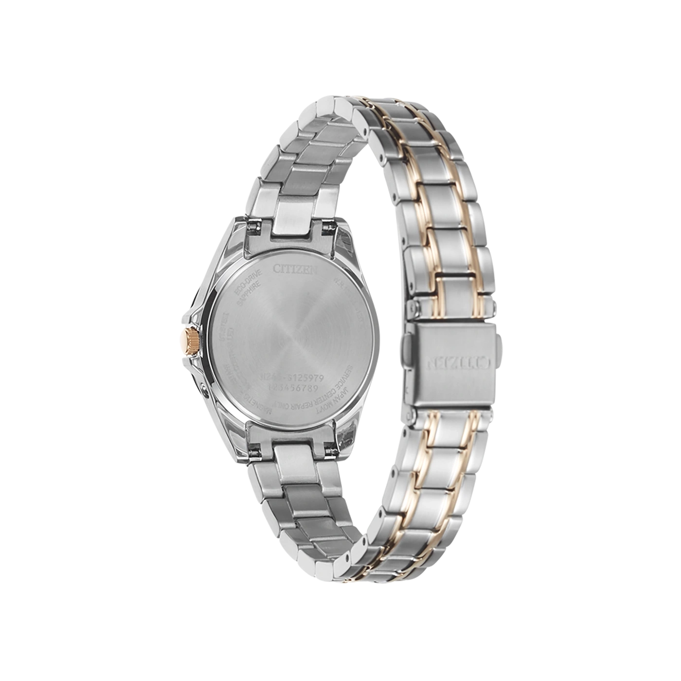 Citizen-Uhr, Rückseite, Silber und Gold, Eco-Drive, Saphirglas, japanisches Uhrwerk.