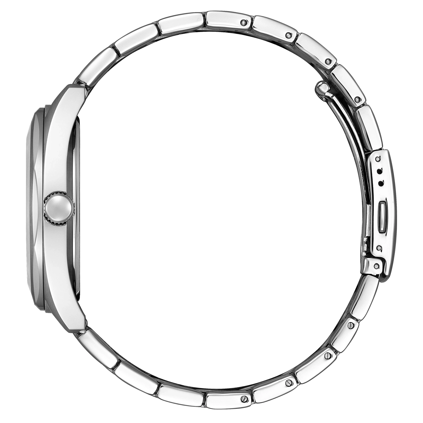 Seitenansicht einer silbernen Armbanduhr mit Metallband und rundem Zifferblatt.