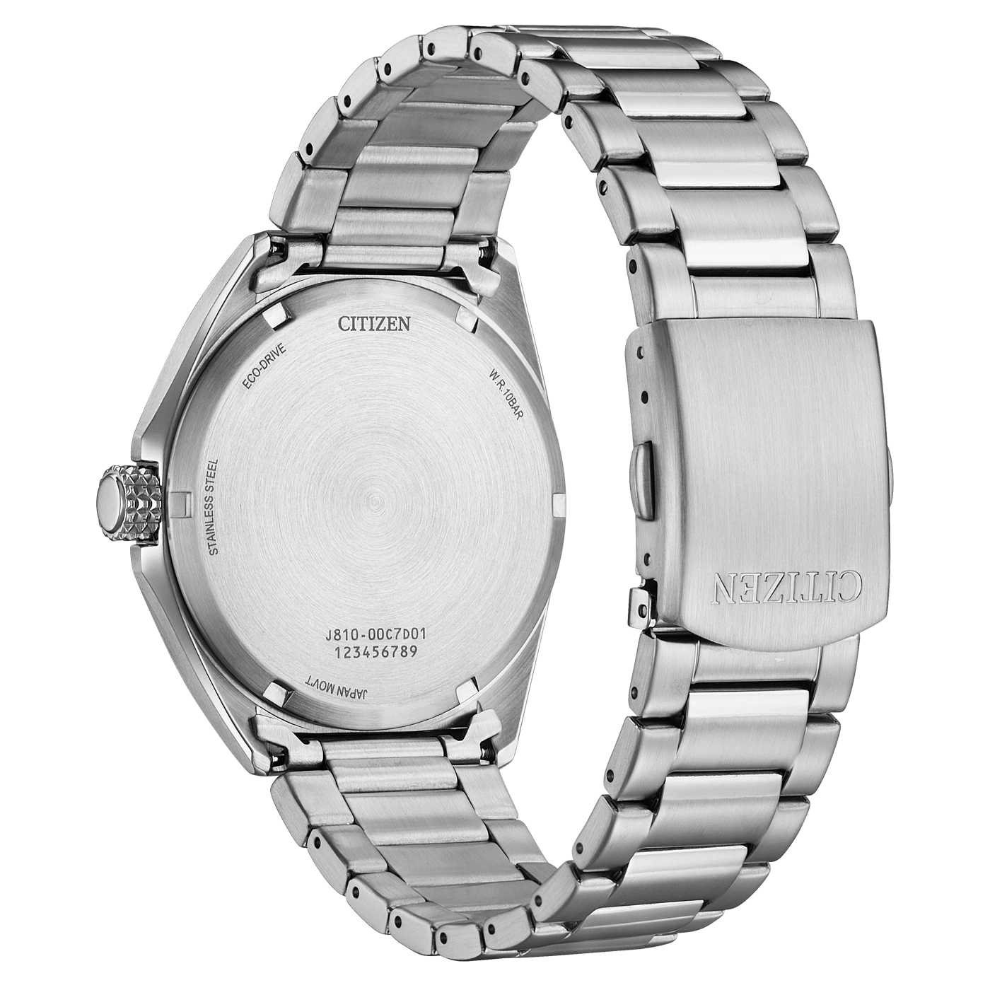 Citizen-Uhrenrückseite, Edelstahl, Eco-Drive, Japan-Uhrwerk, W.R. 10BAR, J810-00C7D1