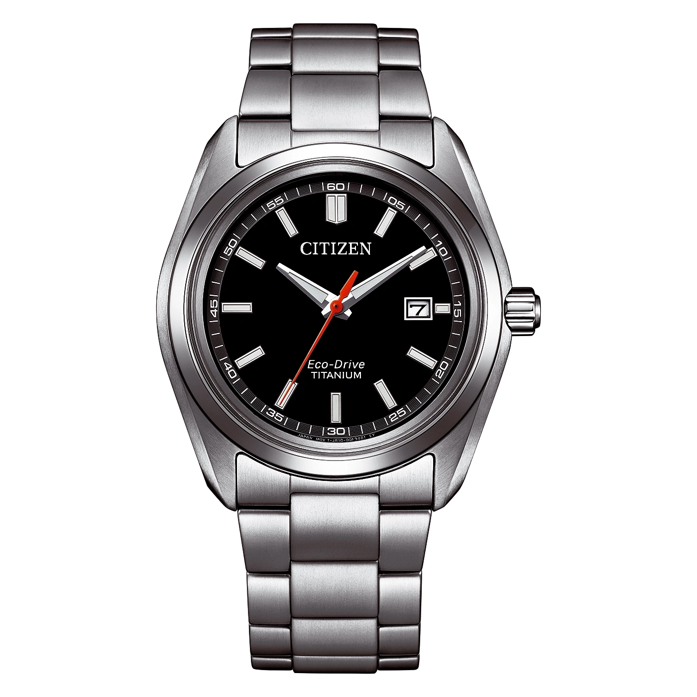 Eine Citizen Eco-Drive Titanium Uhr mit schwarzem Zifferblatt und silbernem Armband.