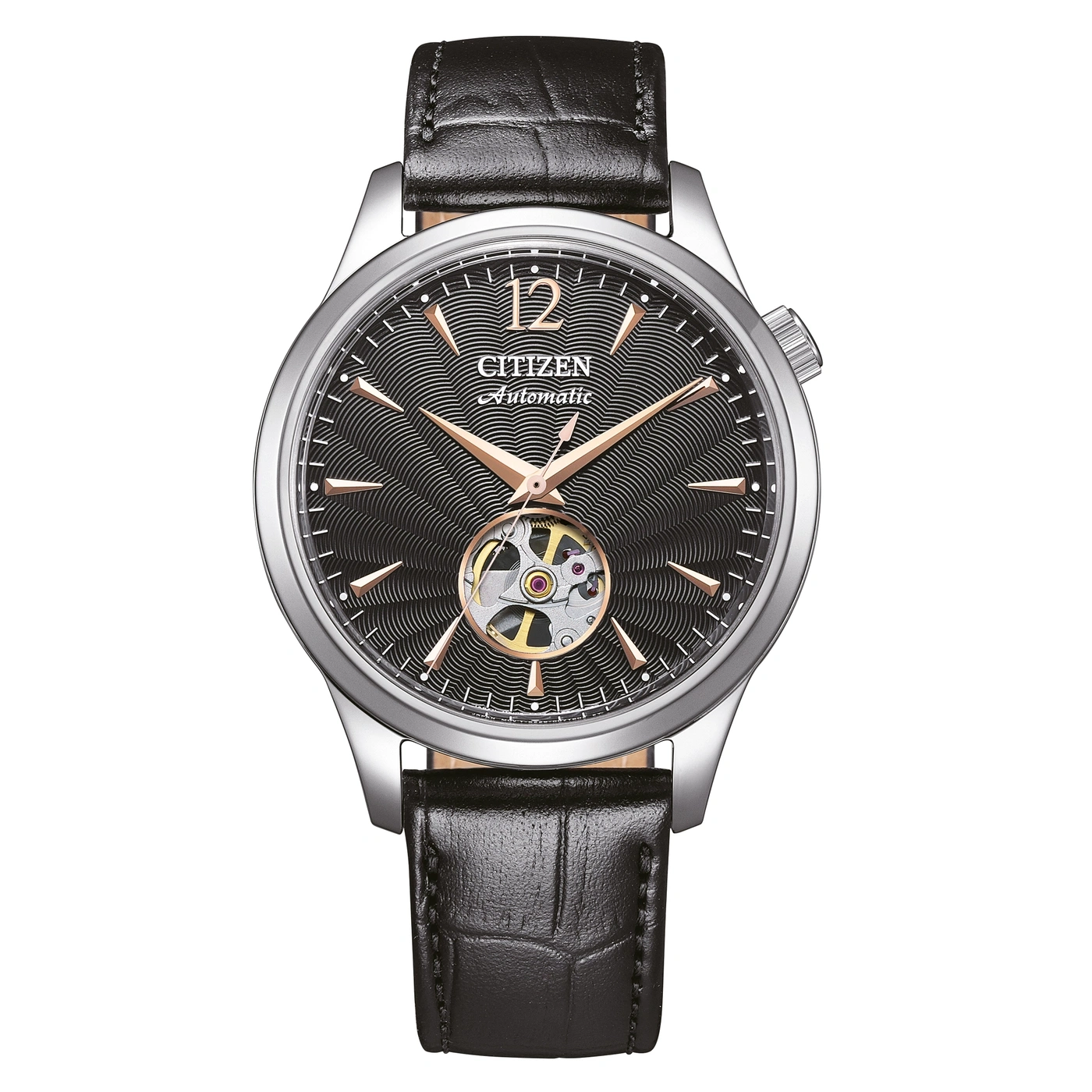 Citizen Automatic Uhr mit schwarzem Lederarmband und offenem Herz-Design.