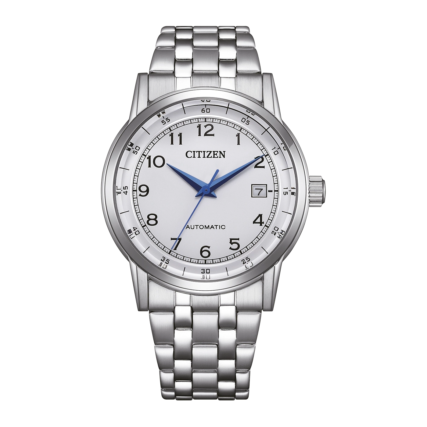 Eine weiße Citizen Automatik-Uhr mit blauen Zeigern und Metallarmband.