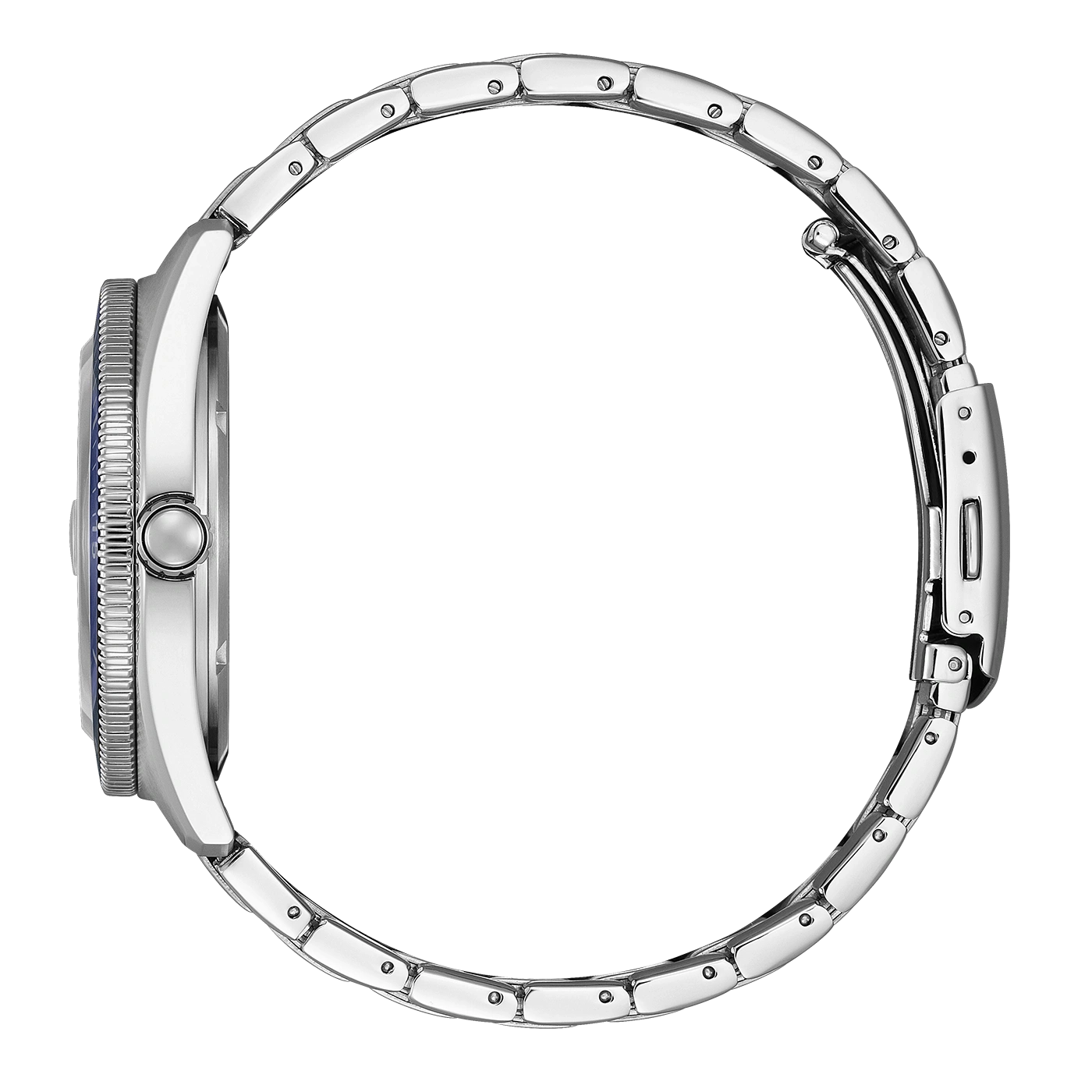 Seitenansicht einer silbernen Uhr mit Metallarmband.