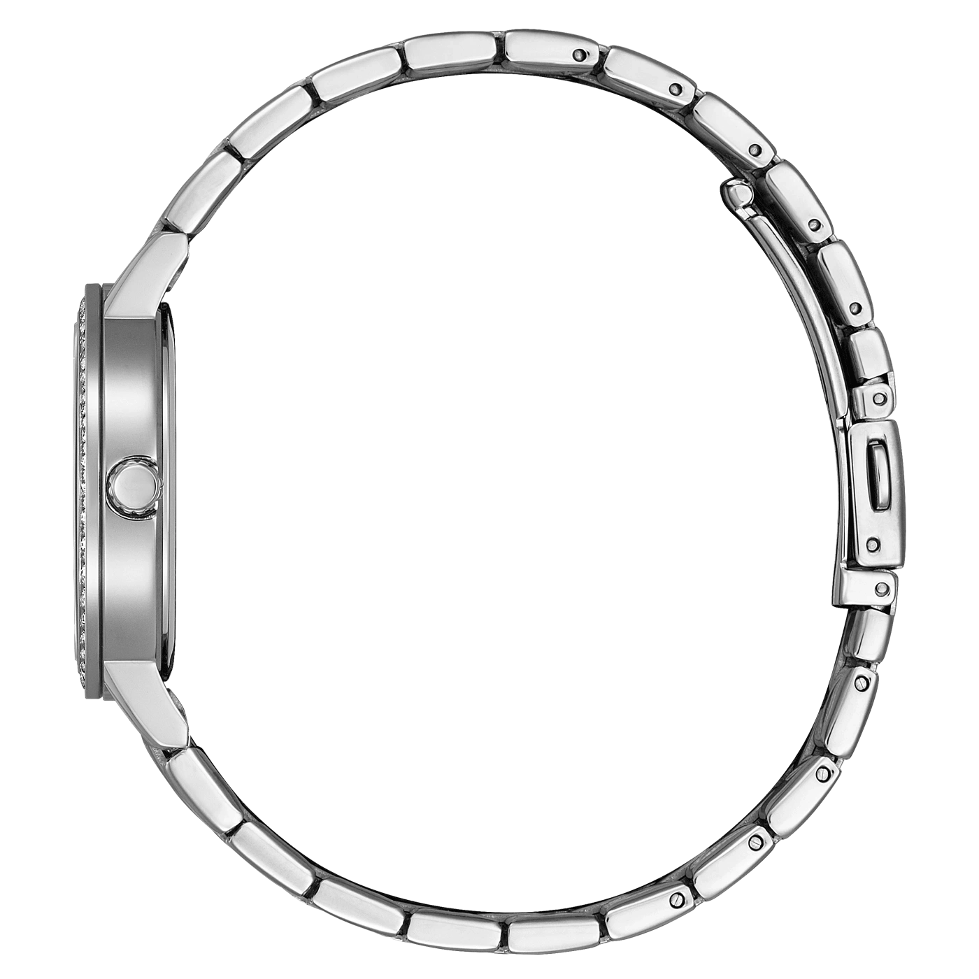 Silberne Uhr mit rundem Zifferblatt, diamantbesetzter Lünette und Armband.