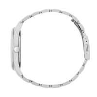 Seitenansicht einer silbernen Armbanduhr mit Metallband, isoliert auf weißem Hintergrund.