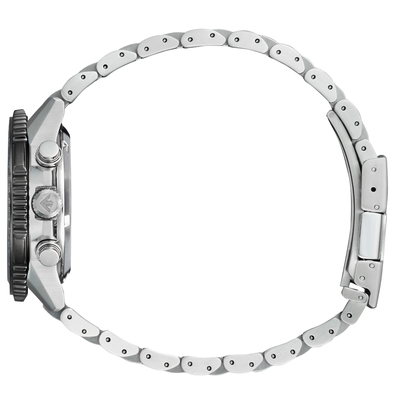 Ein silbernes Uhrenarmband bildet einen Kreis auf weißem Hintergrund.
