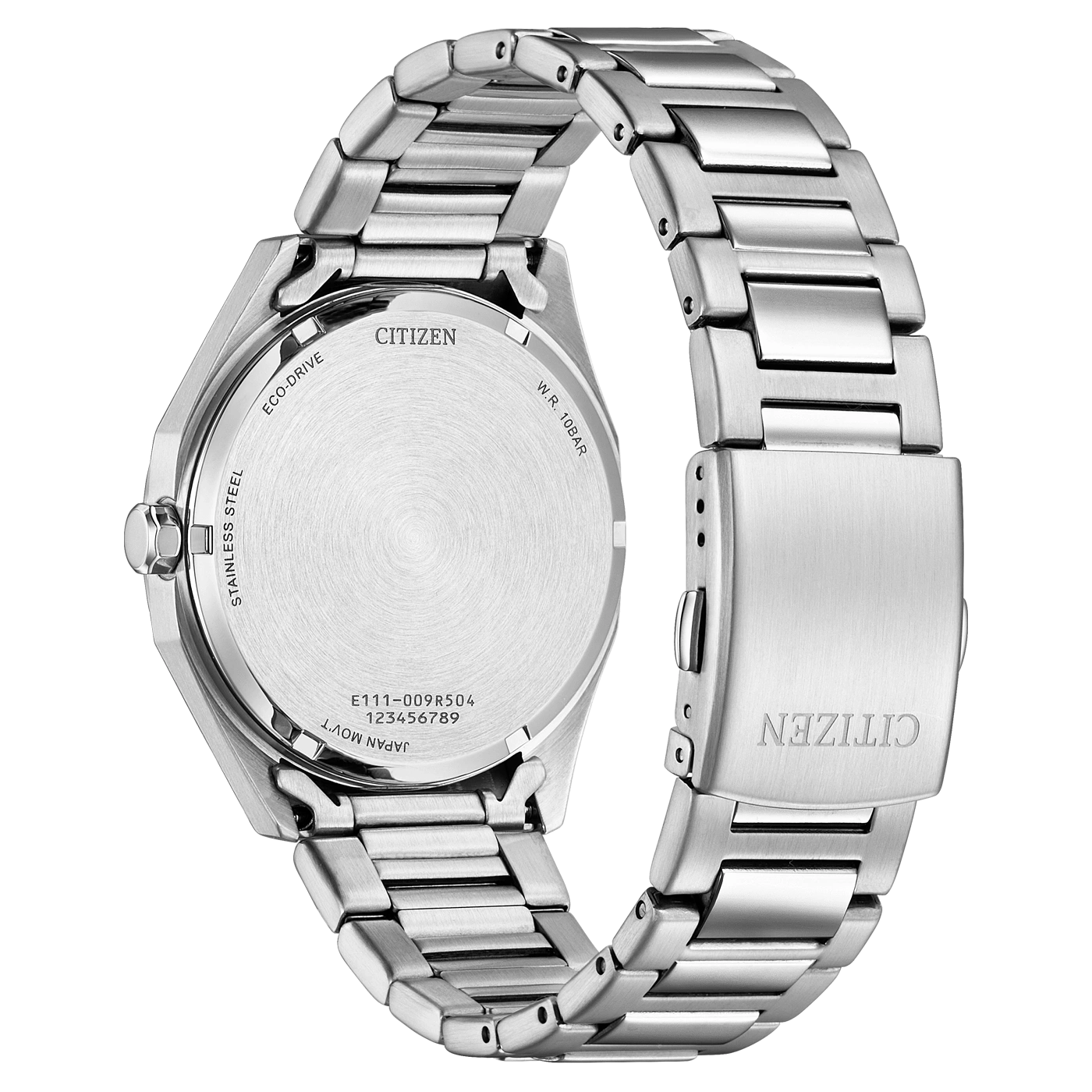 Citizen-Uhrenrückseite, Edelstahl, Eco-Drive, W.R. 10BAR, Japan Movt, E111-009R504