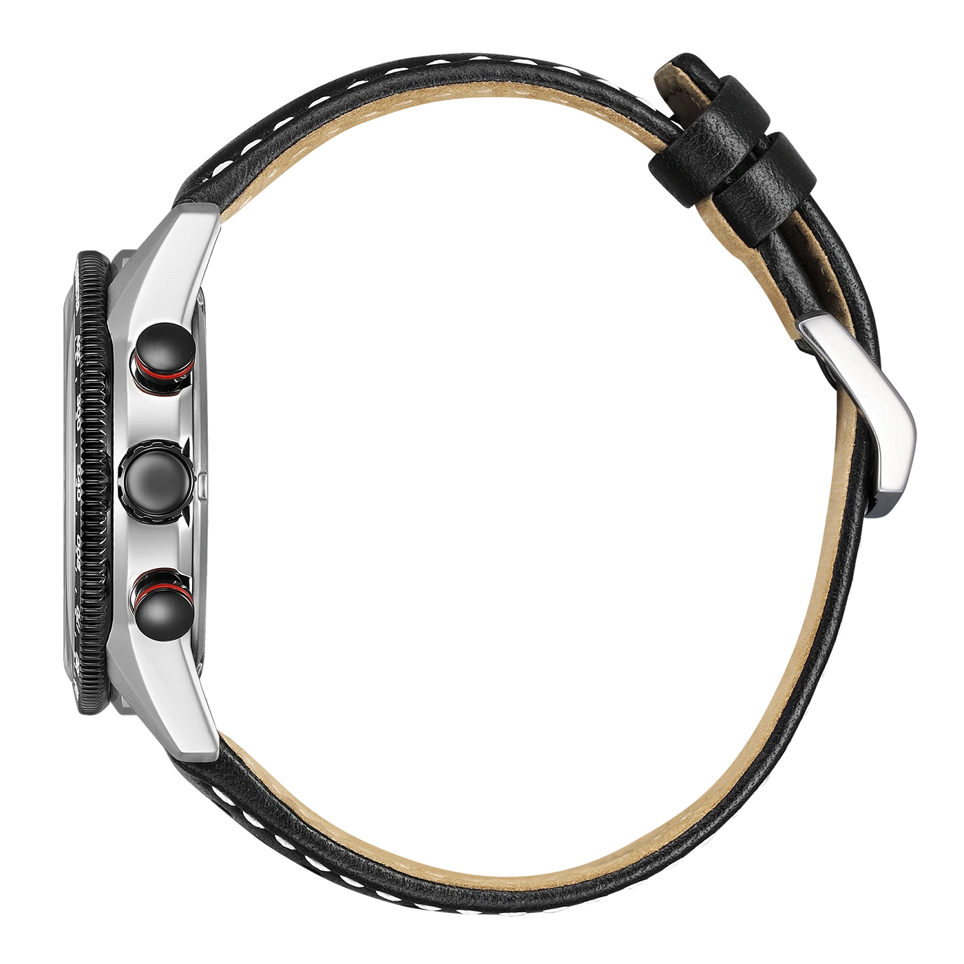 Seitenansicht eines schwarzen Lederarmbands mit weißen Nähten und silberner Schnalle.