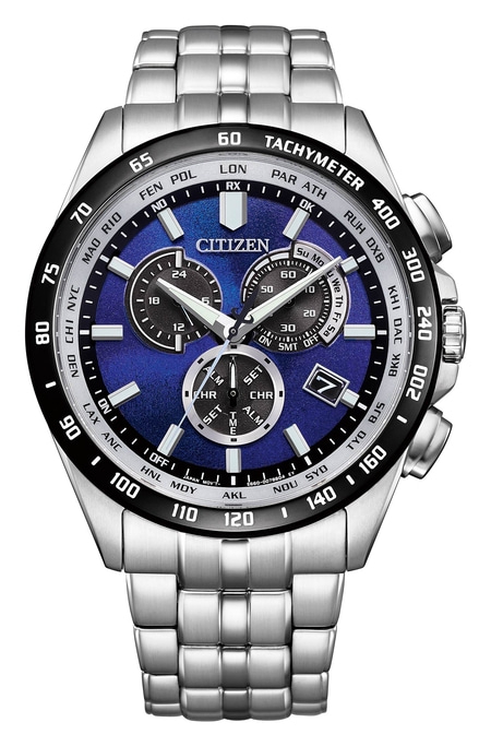Citizen CB5874-81L Funkuhr mit blauem Zifferblatt und Tachymeter-Lünette