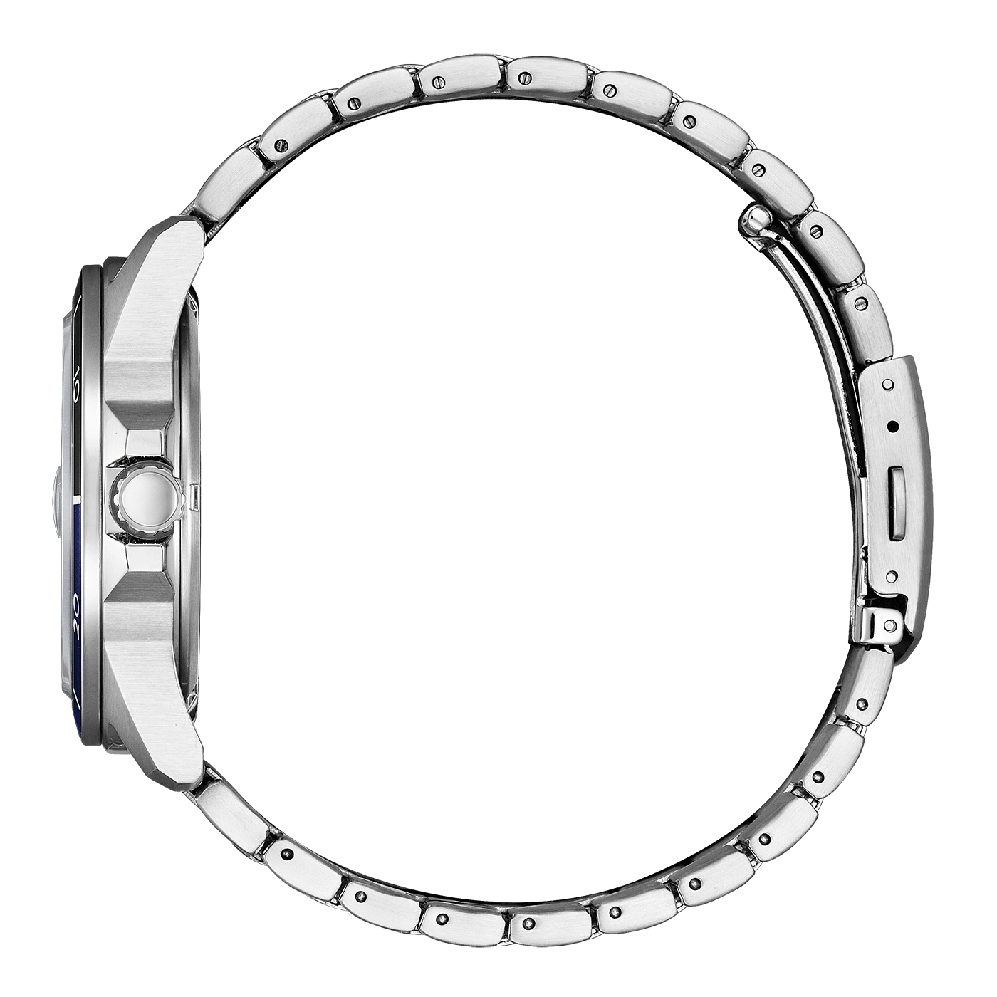 Seitenansicht einer silbernen Armbanduhr mit blauer Lünette und Metallband.