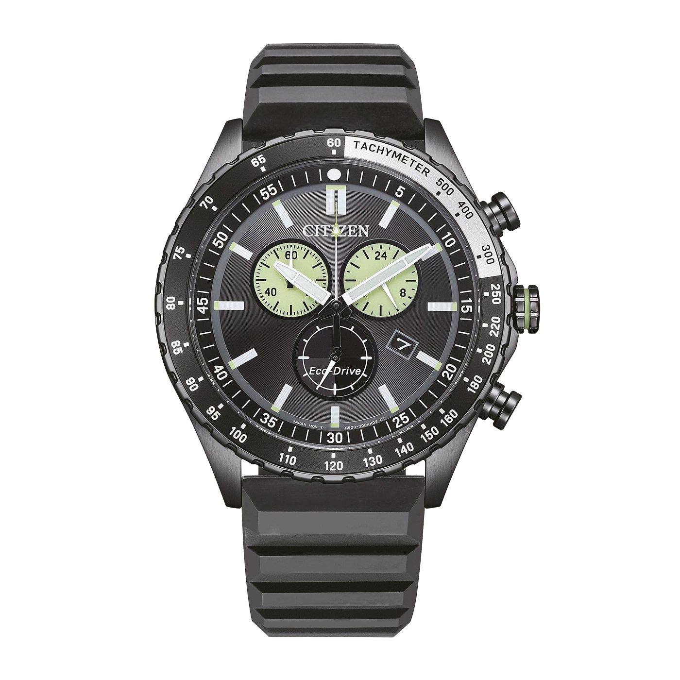 Eine schwarze Citizen Eco-Drive-Uhr mit Tachymeter-Lünette und grünen Akzenten.