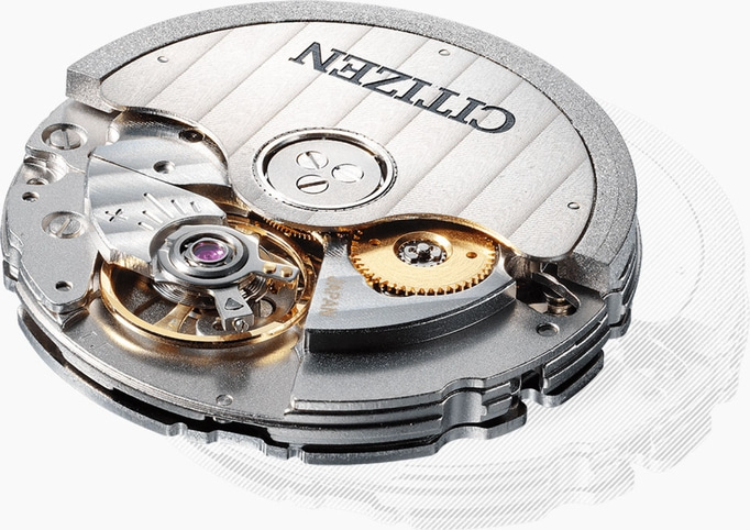 Nahaufnahme eines Citizen-Uhrwerks mit komplizierten Zahnrädern und Details.