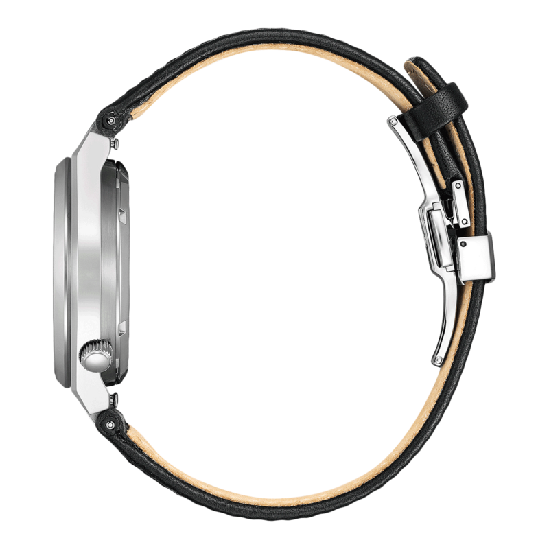 Seitenansicht einer silbernen Uhr mit schwarzem Lederarmband.