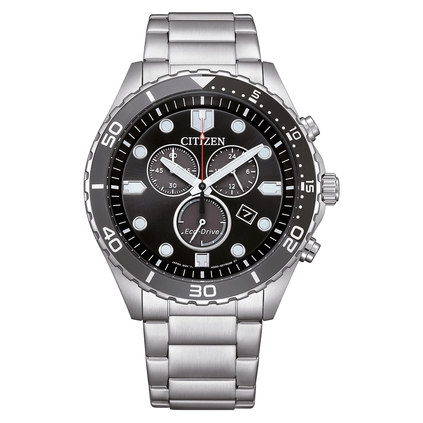 Citizen-Uhr mit schwarzem Zifferblatt, silbernem Armband und Chronographenfunktionen.