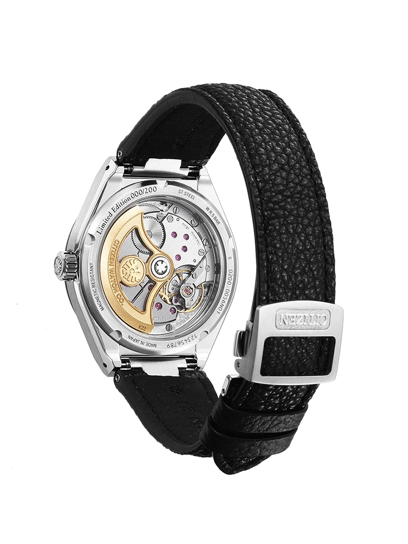 Citizen-Uhr, Rückseite mit Mechanismus, Lederarmband, limitierte Auflage.