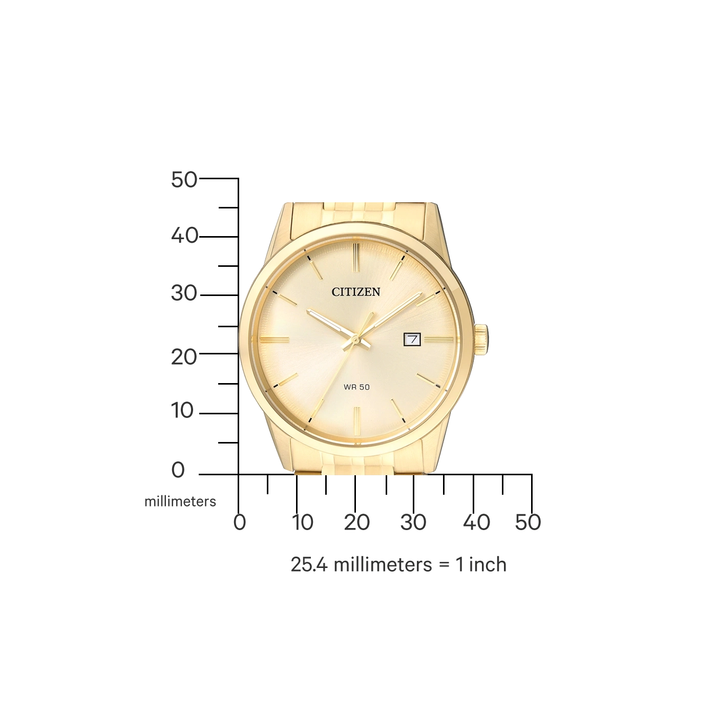 Goldene Citizen-Uhr mit Datumsanzeige, WR 50 und Millimeterskala.
