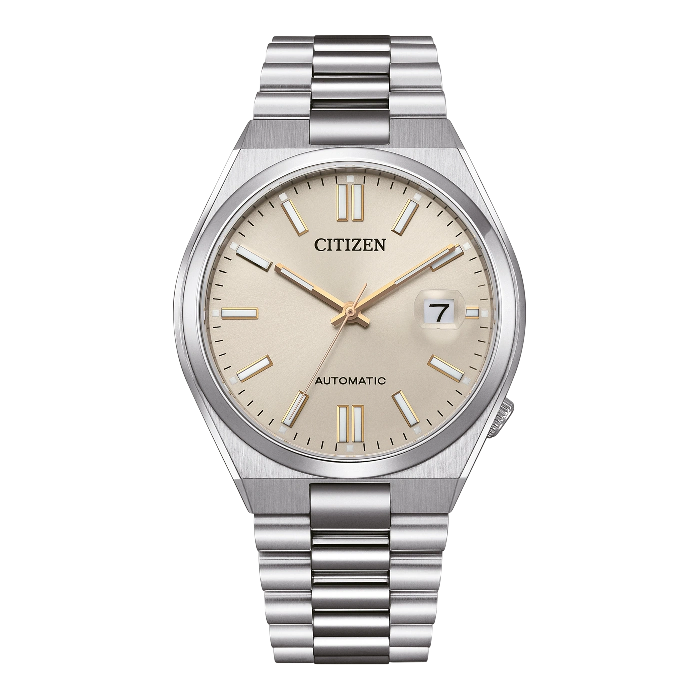 Citizen-Uhr mit silbernem Armband und beigem Zifferblatt, Automatikwerk.