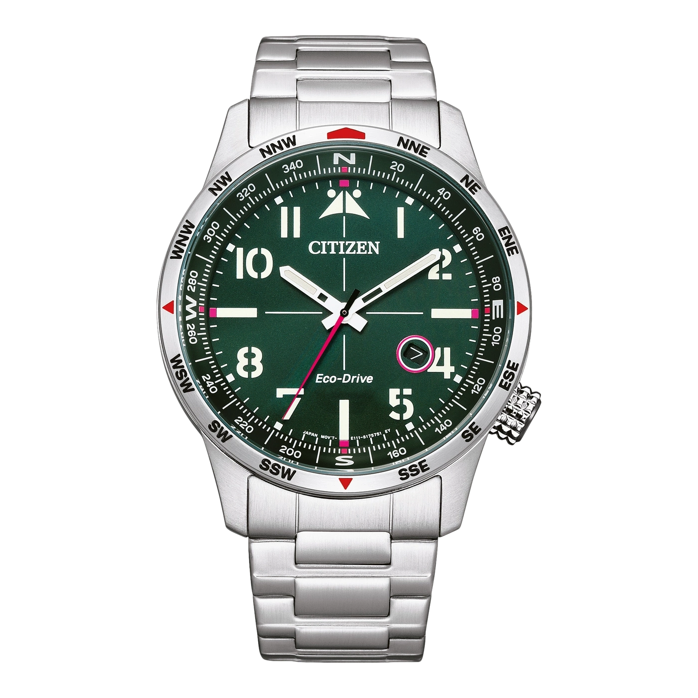Citizen-Uhr mit Kompass, grünem Zifferblatt und Edelstahlarmband.