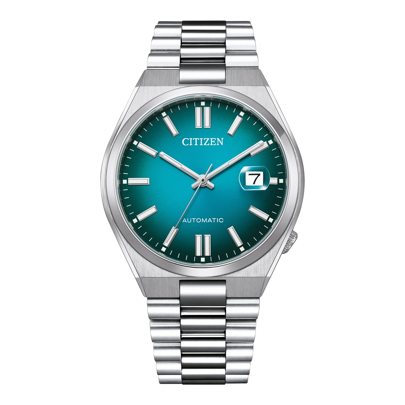 Citizen-Uhr mit türkisblauem Zifferblatt und silbernem Armband, Automatikwerk.